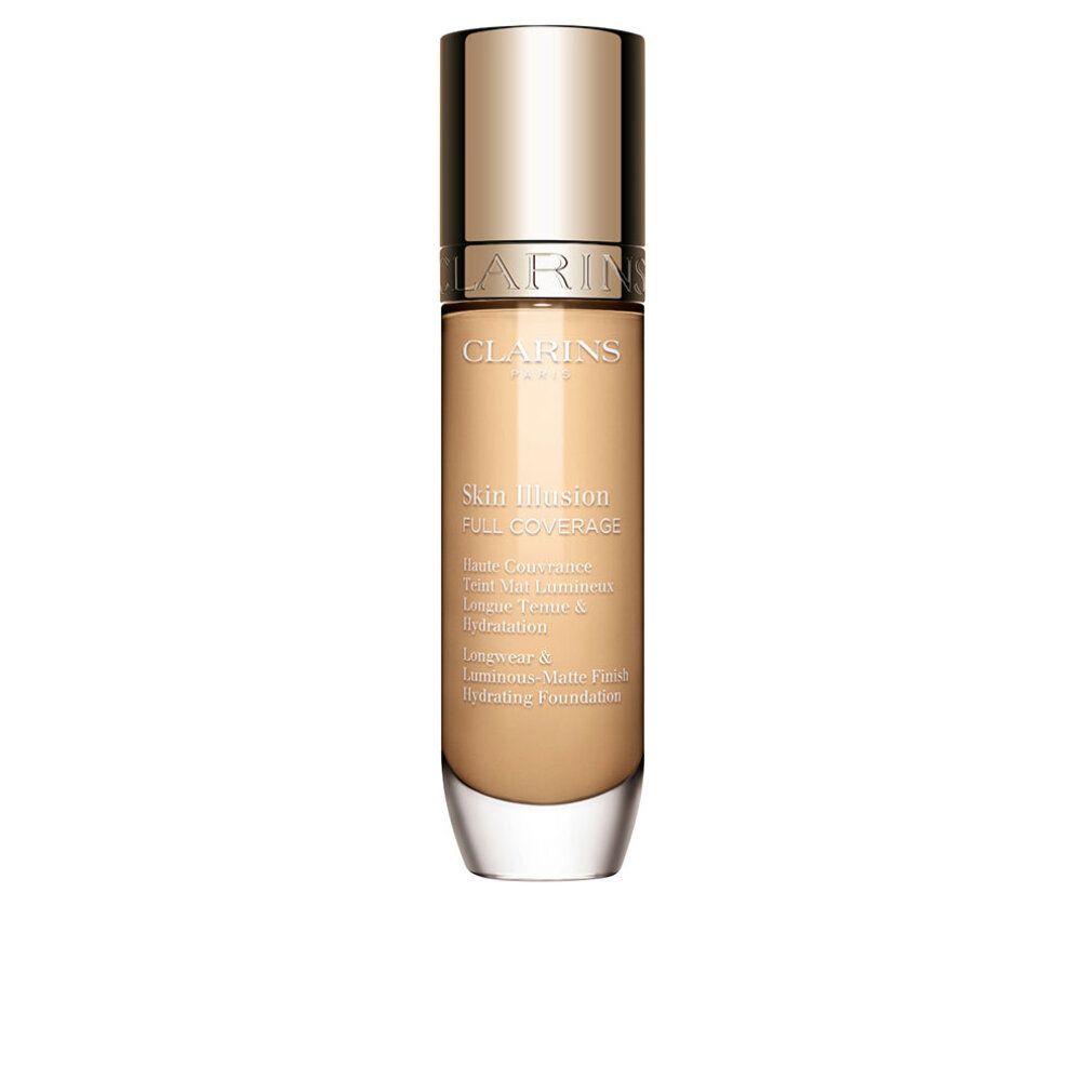 Flacone con tappo dorato. Scritta: Clarins, Skin Illusion Full Coverage. Fondotinta liquido.