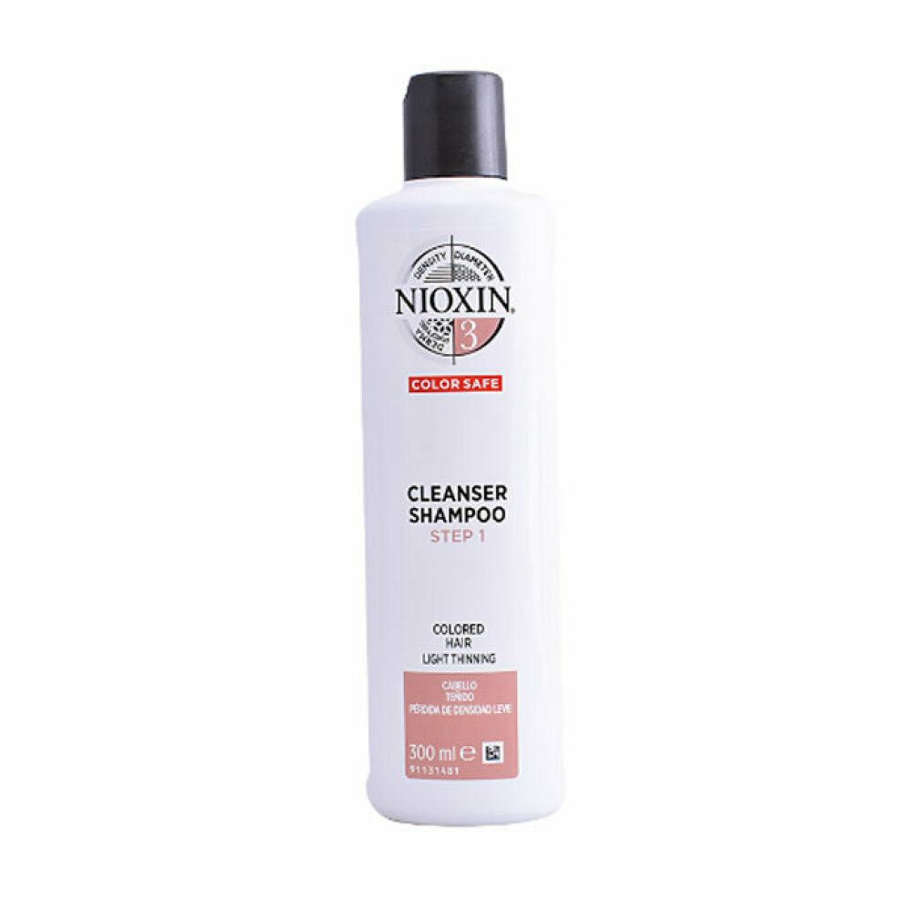 Flacone bianco con tappo nero. Scritta: Nioxin 3 Color Safe Cleanser Shampoo. Per capelli colorati, diradamento leggero.