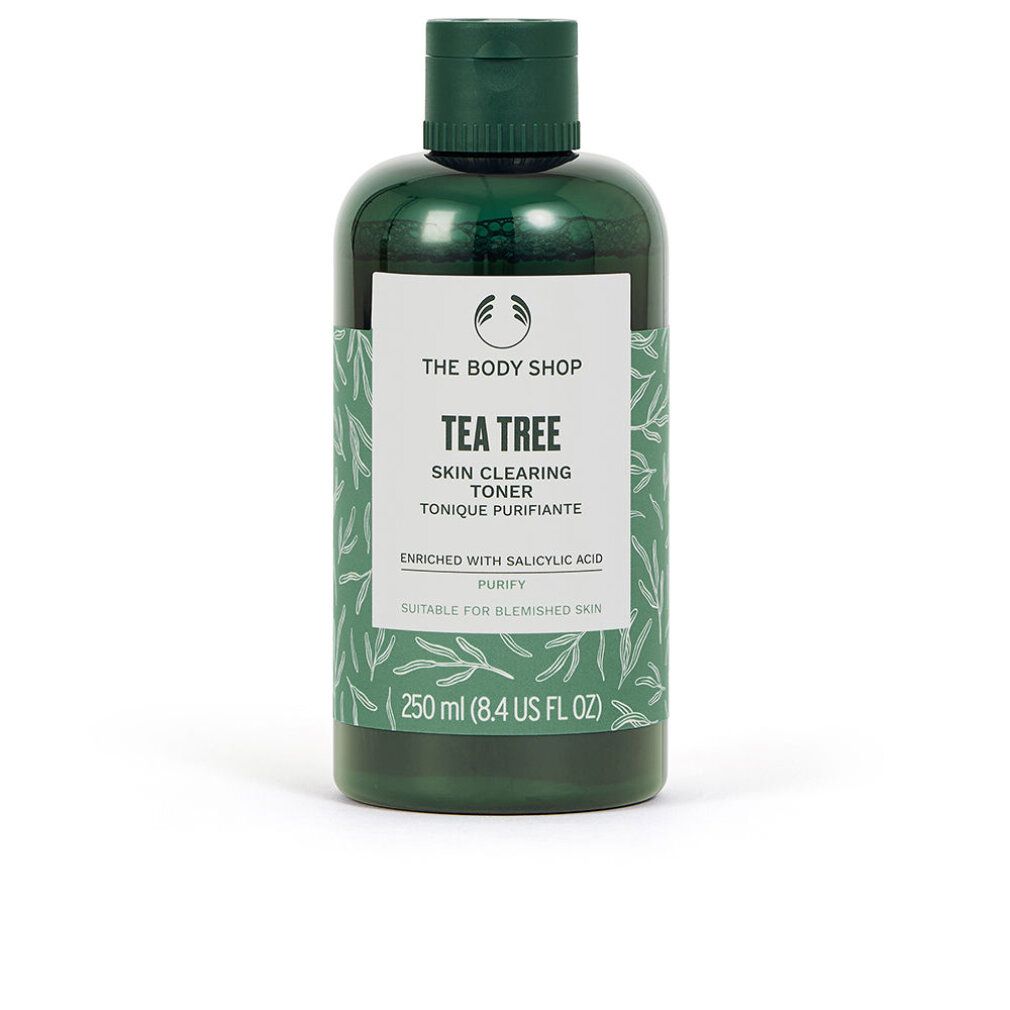 Flacone verde con etichetta. Scritta: Tea Tree Skin Clearing Toner. Contiene acido salicilico. 250 ml.