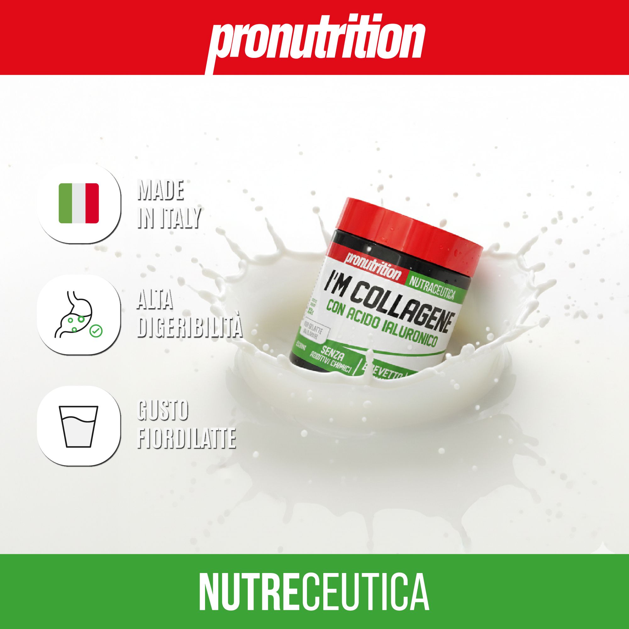 Prodotto nel latte. Testo: MADE IN ITALY, ALTA DIGERIBILITÀ, GUSTO FIORDILATTE. Etichette verdi, sfondo bianco.