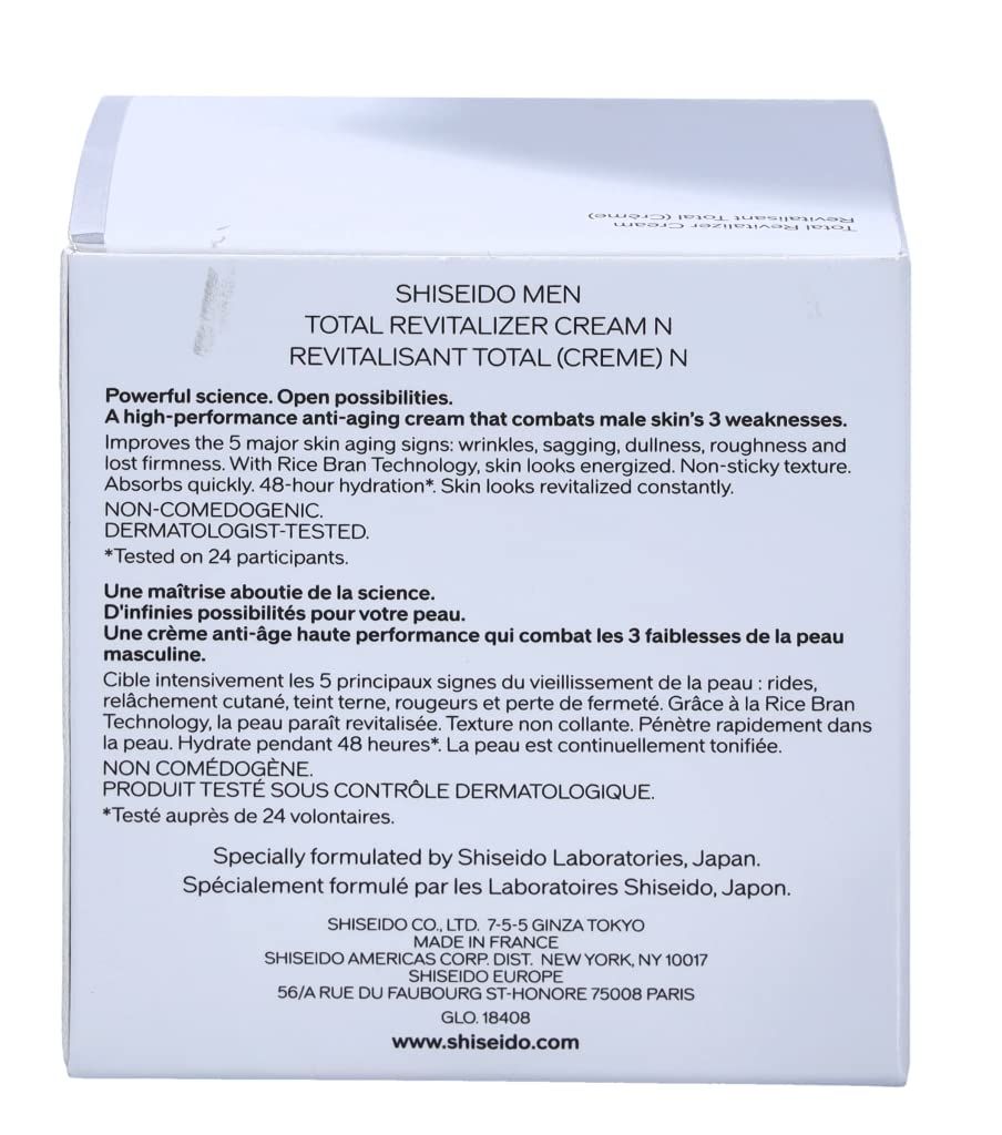 Retro della confezione di Crema Total Revitalizer per Uomini Shiseido. Testo multilingue. Ingredienti e informazioni.
