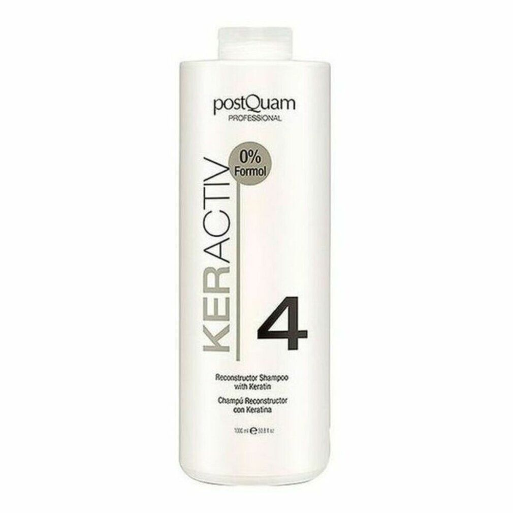 Flacone di shampoo bianco con scritte KERACTIV, 4 e 0% Formol. Testo: Reconstructor Shampoo with Keratin.
