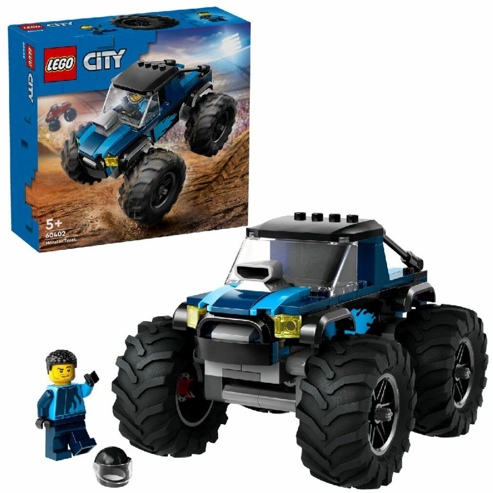 Monster truck LEGO City blu, 5+. Confezione e camion. Include un personaggio e un casco. Pneumatici neri, fari gialli.