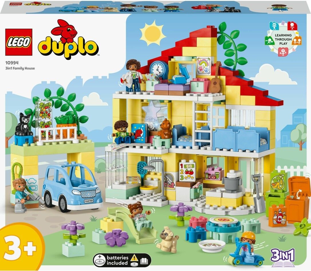 Confezione LEGO Duplo Casa famiglia 3-in-1. Casa gialla, personaggi, auto, scivolo e accessori. Età consigliata 3+.