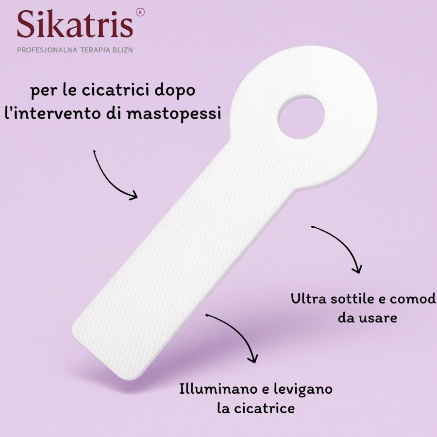 Cerotto a forma di goccia. Testo: Sikatris. Terapia professionale delle cicatrici. Frecce che indicano le caratteristiche.