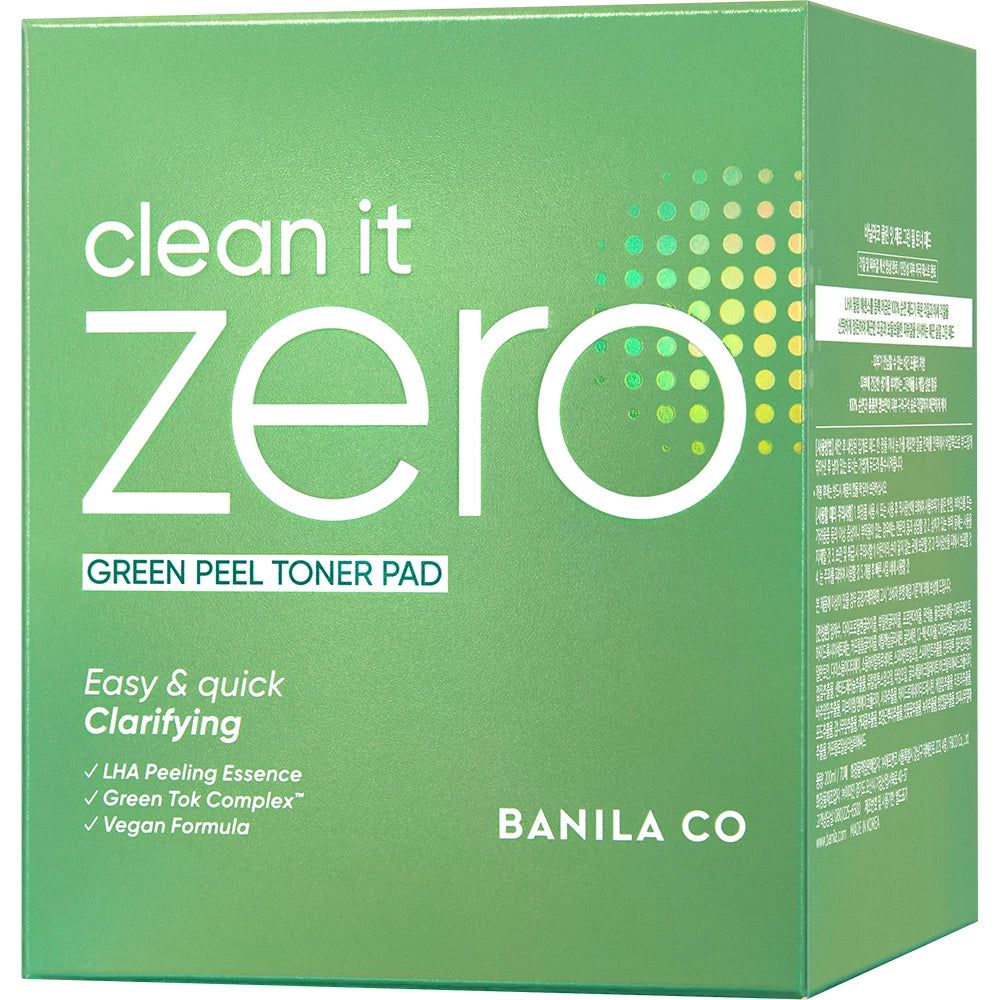 Confezione del prodotto verde con testo. Scritta: clean it zero, Green Peel Toner Pad, Easy & quick Clarifying.