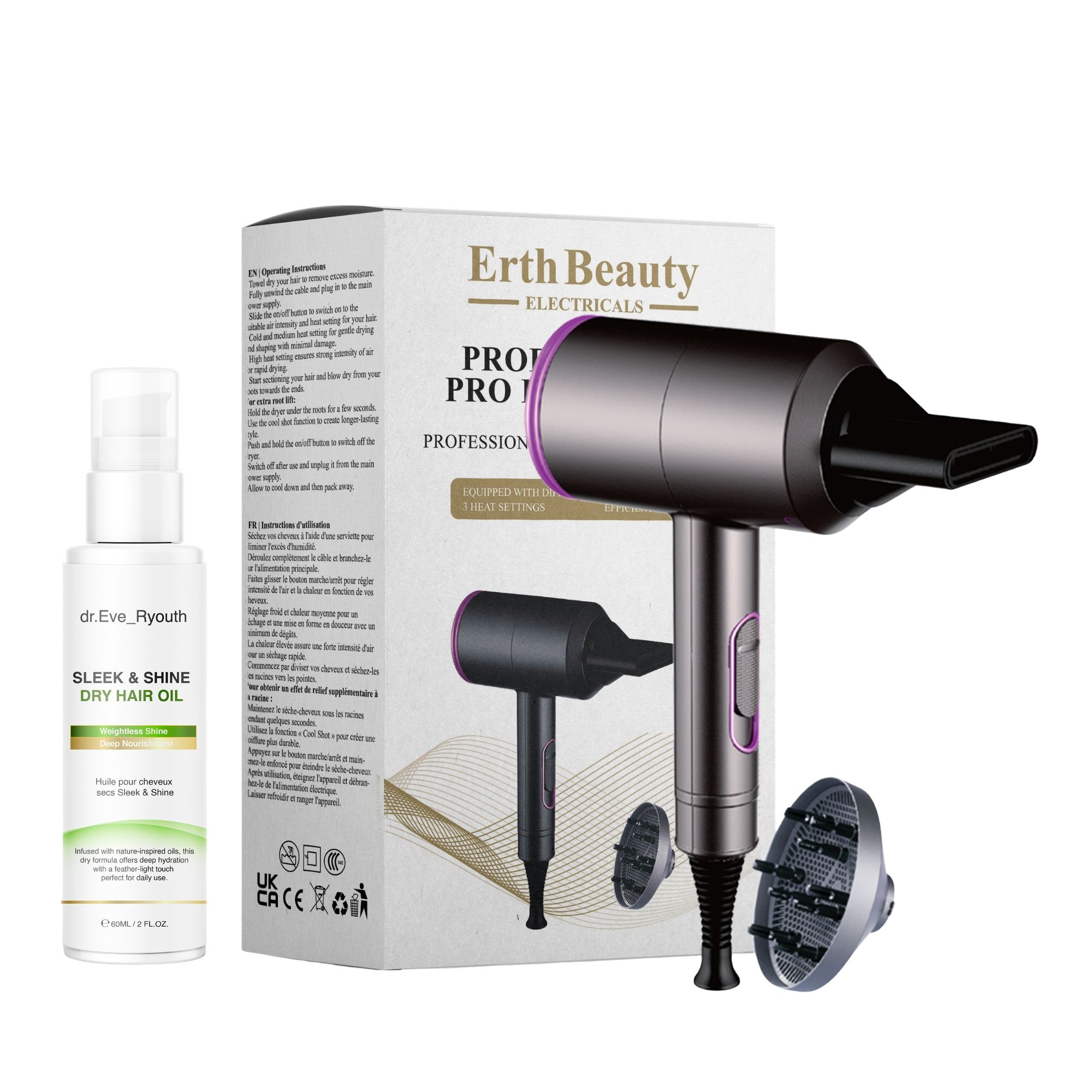 Dr Eve Ryouth Asciugacapelli Professionale con Olio per Capelli Secchi Sleek Shine