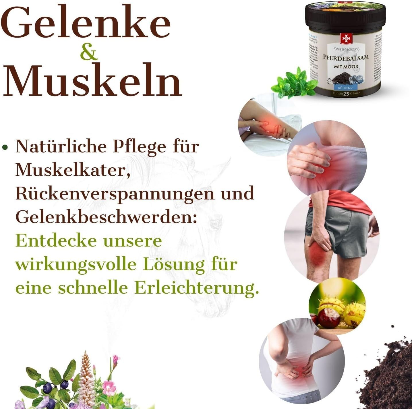 Barattolo del prodotto, accanto illustrazioni di persone con dolore. Testo: Cura naturale per dolori muscolari, tensioni alla schiena e dolori articolari.