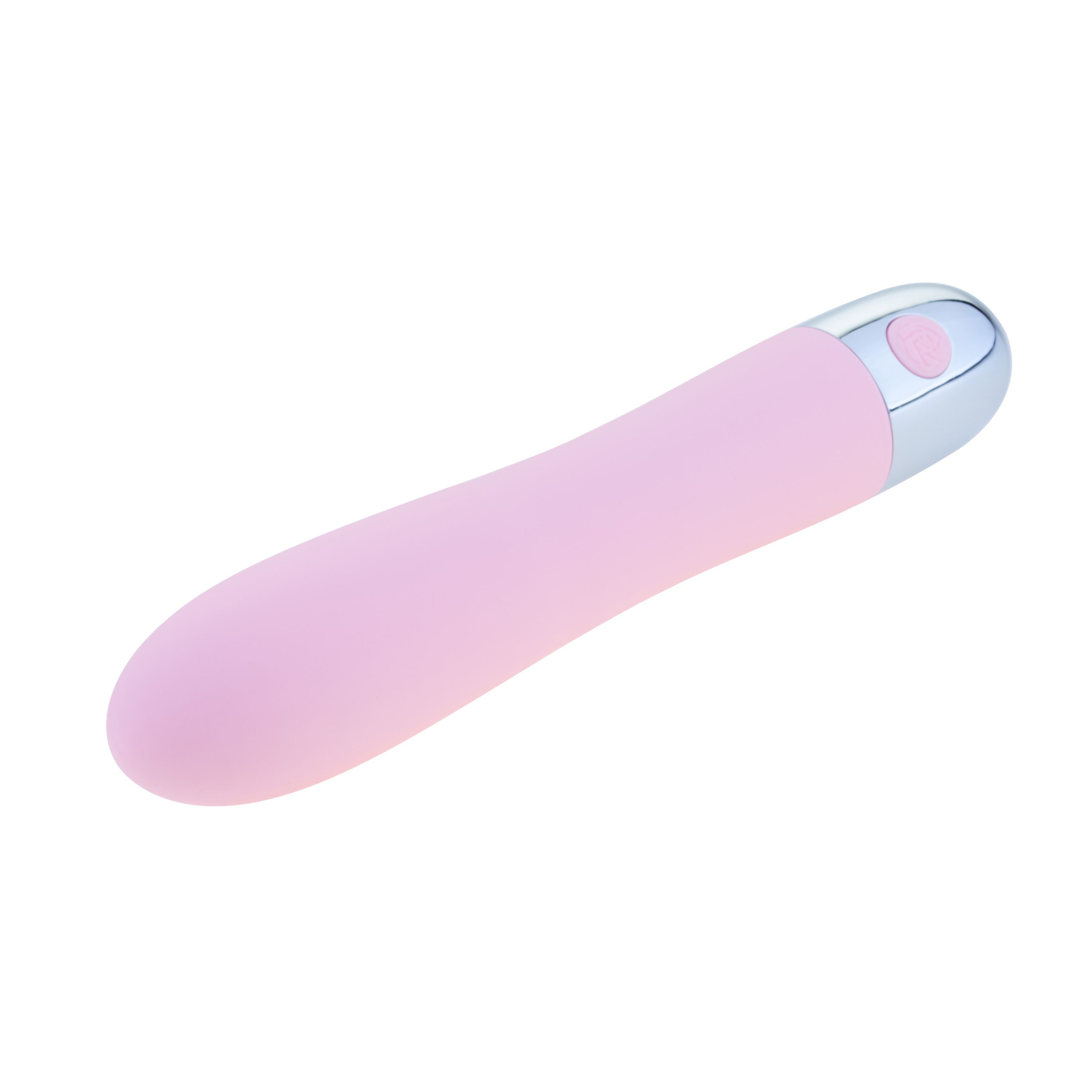 Vibratore rosa con estremità argentata e pulsante. Superficie liscia, forma ergonomica.