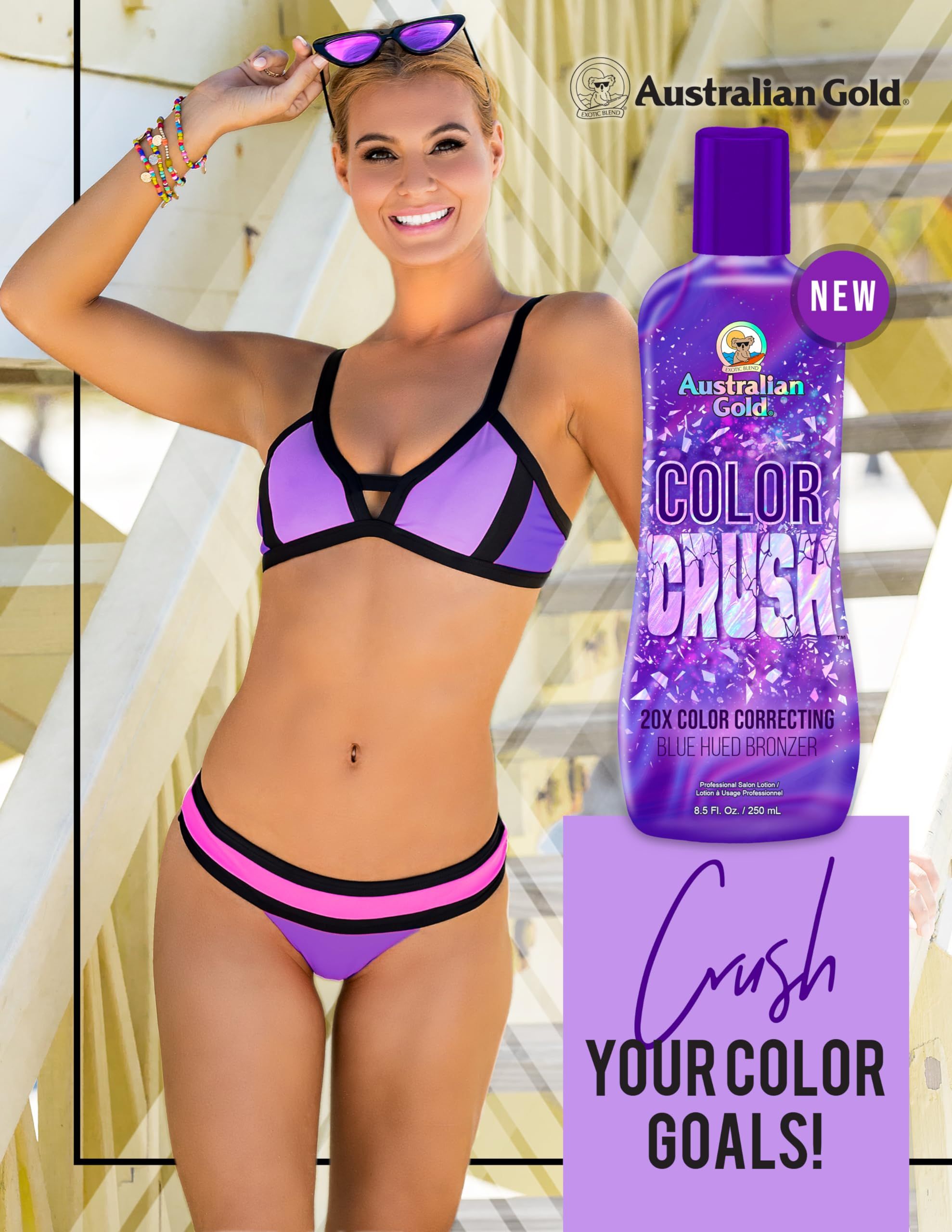Donna in bikini accanto a flacone. Scritta: Color Crush, 20X Color Correcting Blue Hued Bronzer. Marchio: Australian Gold. Testo: Crush YOUR COLOR GOALS!