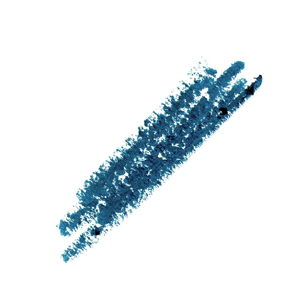 Tratto blu di matita occhi su sfondo bianco.