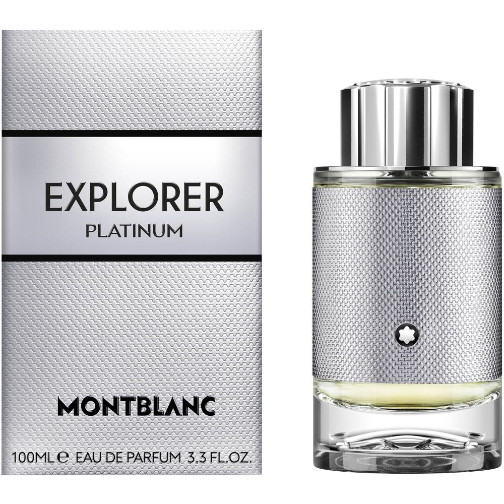 Montblanc Explorer Platinum EdP Nat. Spray. Flacone e confezione argentati. Scritta: EXPLORER PLATINUM, MONTBLANC.