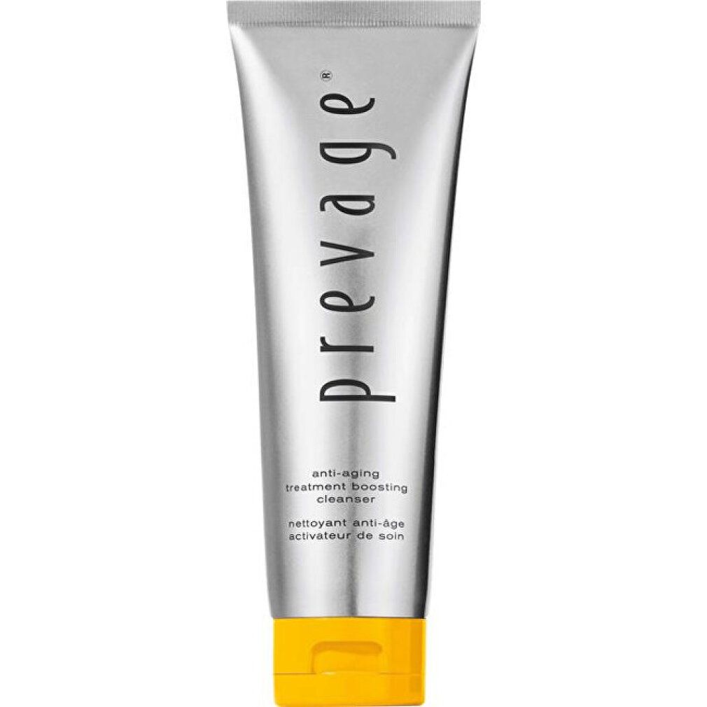 Tubo argento con tappo a scatto giallo. Scritta Prevage Anti-Aging Boosting Cleanser.