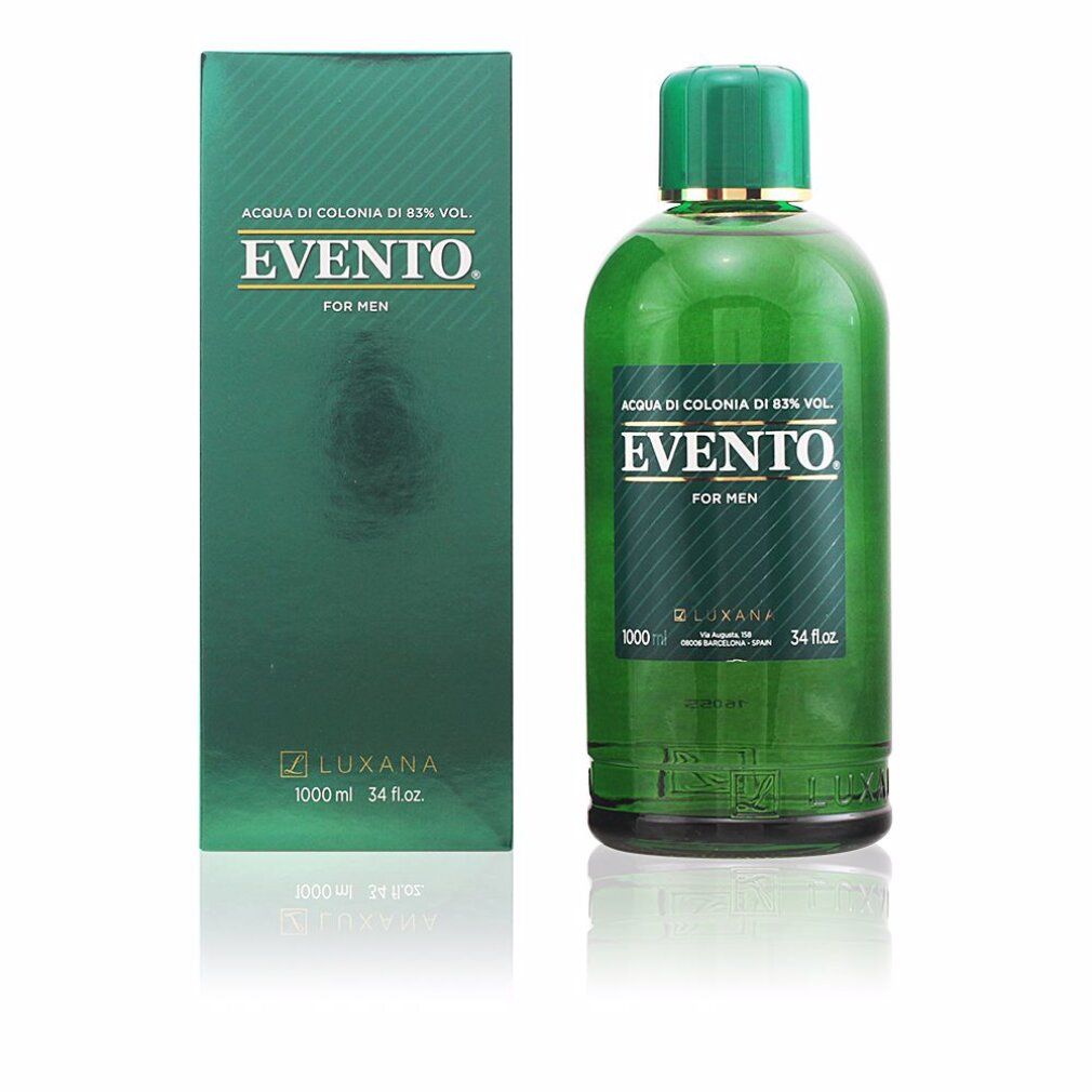 Flacone e scatola verdi. Scritta: Evento Acqua di Colonia, 83% Vol. Per uomo. Luxana. 1000 ml.