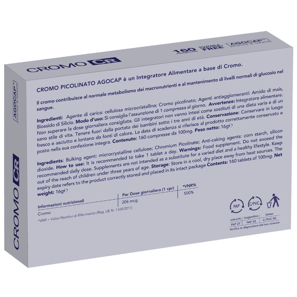 Retro della confezione di Cromo Picolinato. Contiene informazioni sugli ingredienti, l'uso e le informazioni nutrizionali.