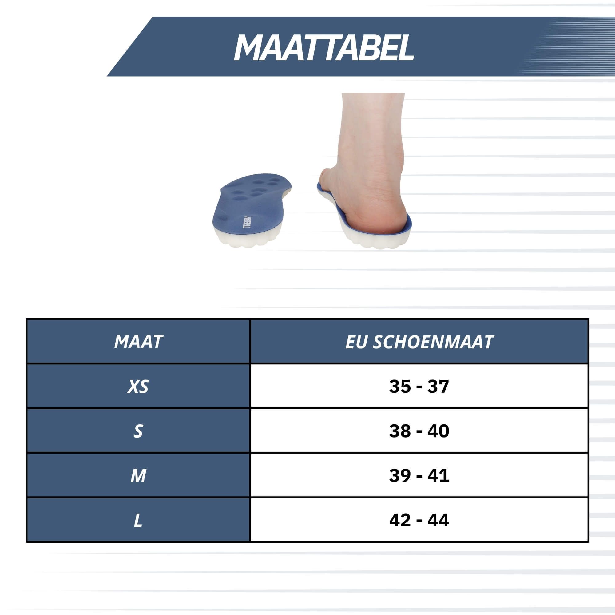 Tabella delle taglie per solette: dalla XS (35-37) alla L (42-44).
