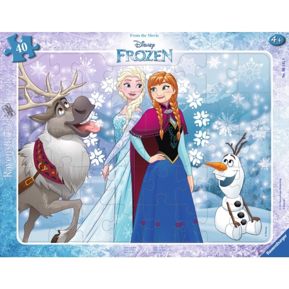 Puzzle Frozen con Elsa, Anna, Olaf e Sven. 40 pezzi. Logo Ravensburger.