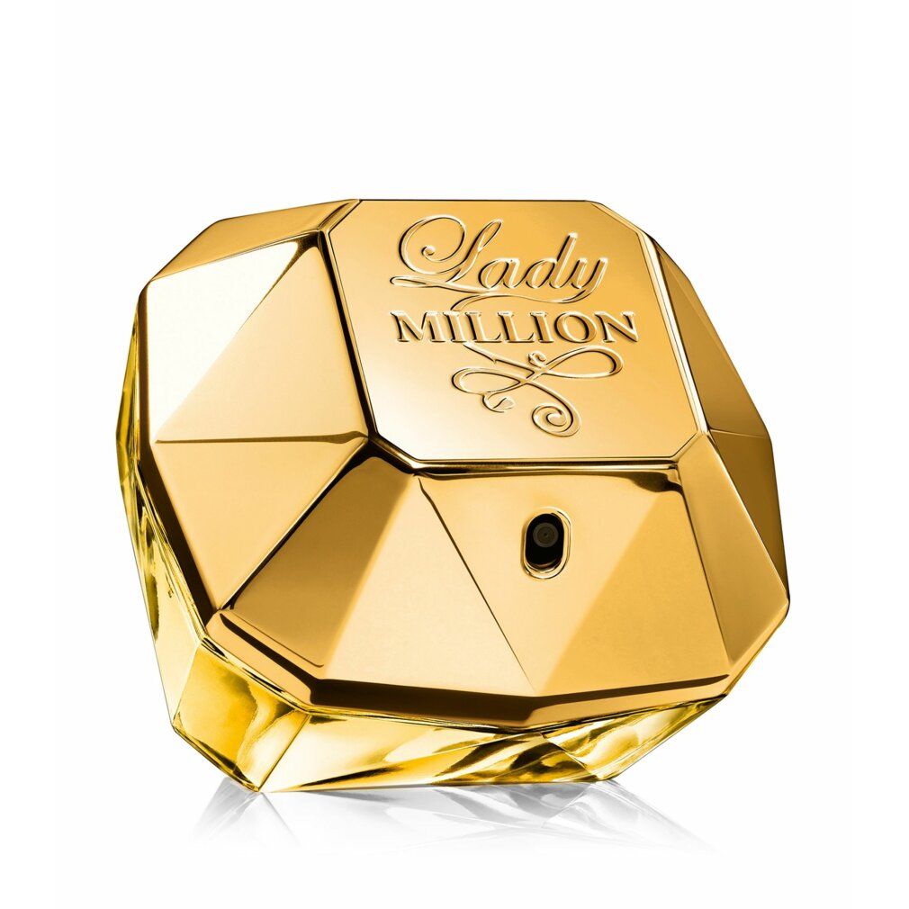 Flacone dorato sfaccettato. Scritta "Lady Million".