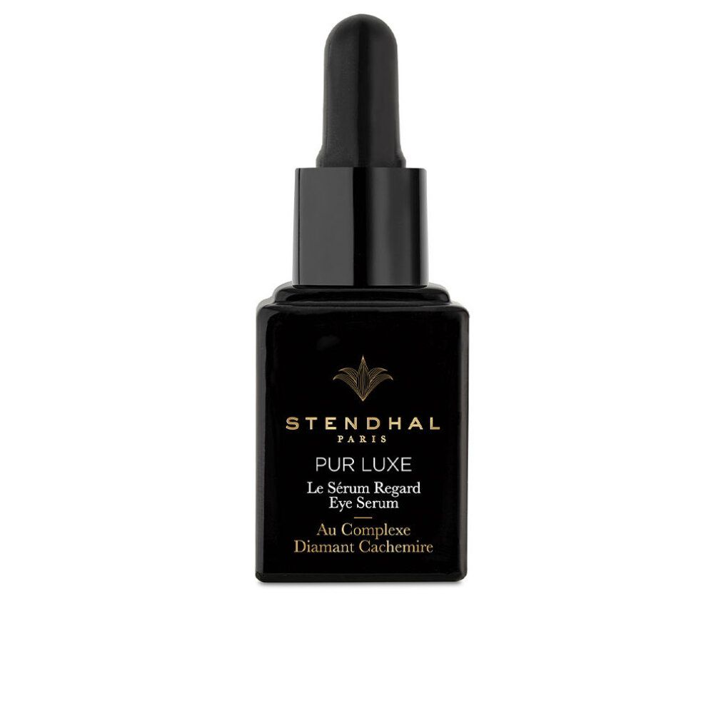 Flacone nero con pipetta. Scritta: Stendhal Paris, Pur Luxe, Le Sérum Regard Eye Serum, Au Complexe Diamant Cachemire.