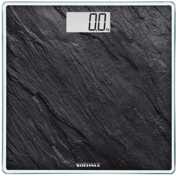 Bilancia con superficie effetto ardesia nera. Display digitale con peso. Forma quadrata.