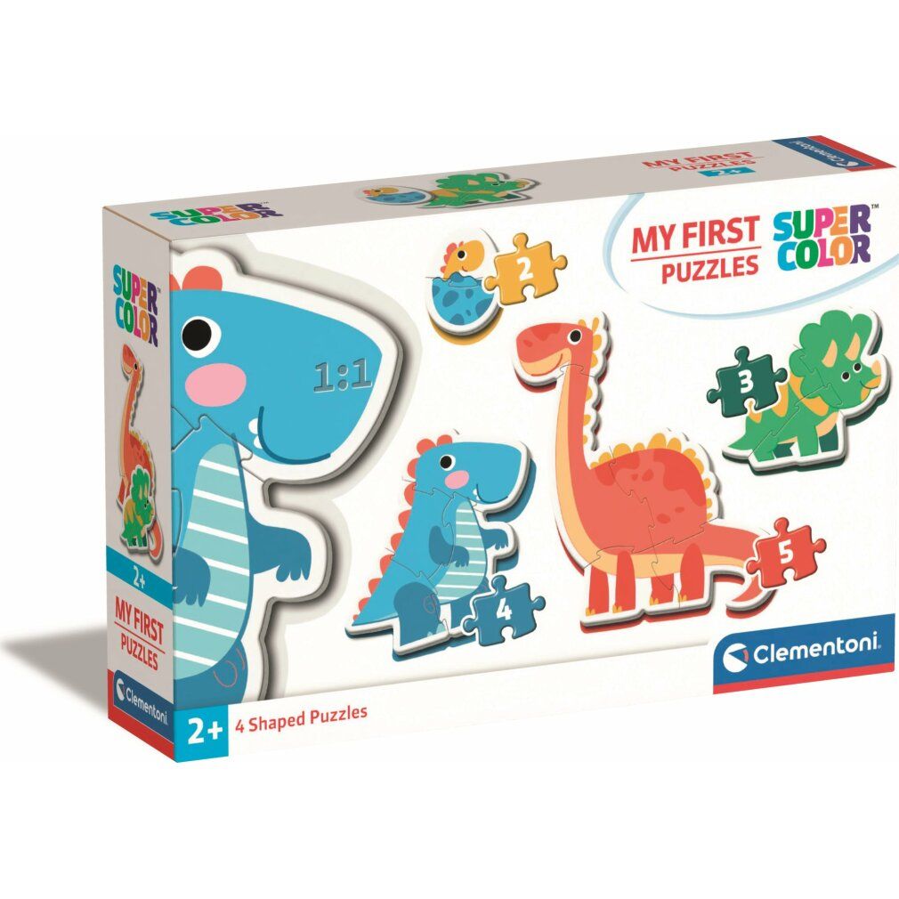 Scatola di puzzle con motivi di dinosauri. Dinosauri e pezzi di puzzle stampati. Scritta: "MY FIRST SUPER COLOR PUZZLES". Marchio: Clementoni.