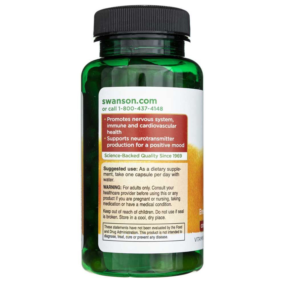Retro del flacone SWANSON Balance B-50 Complex con indicazioni per la salute nervosa, immunitaria e cardiovascolare.