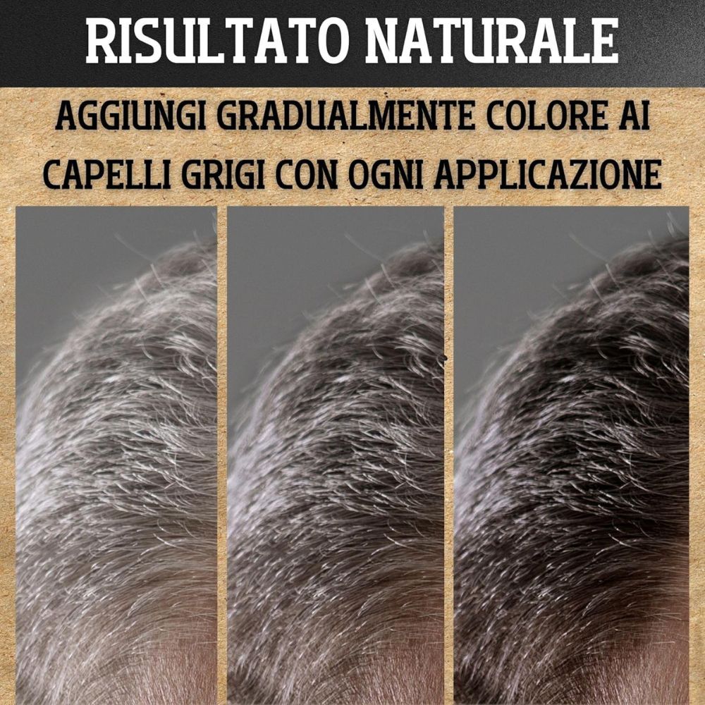 Tre viste di capelli grigi che diventano gradualmente più scuri. Testo: Risultato naturale. Aggiunge colore.