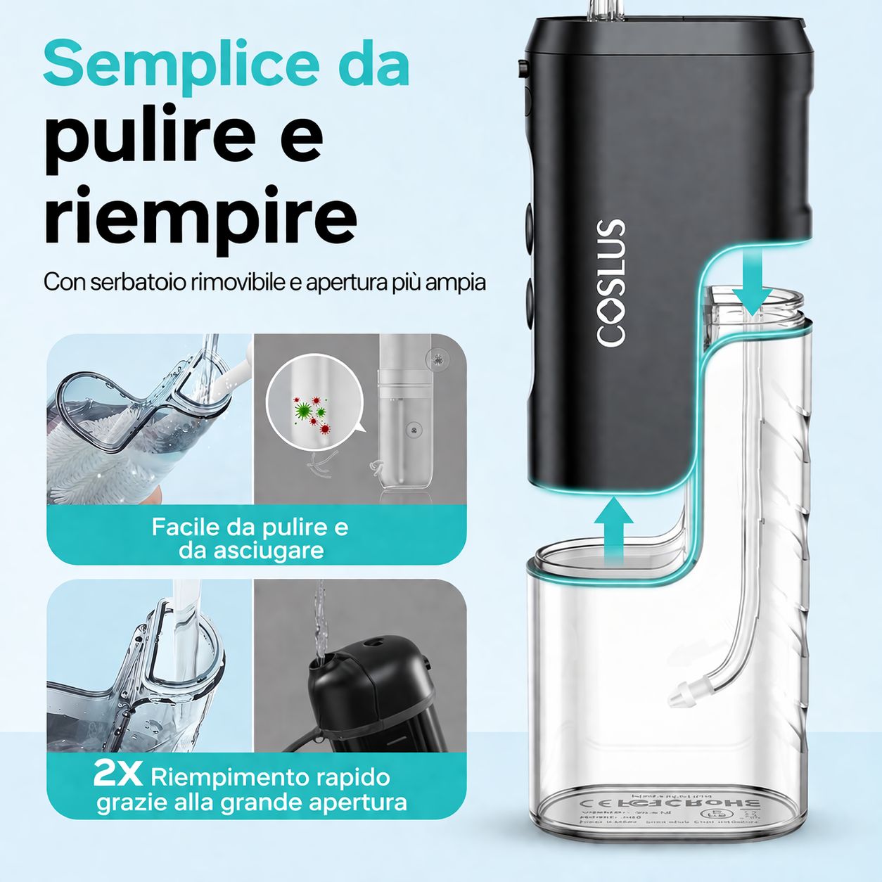 Idropulsore COSLUS, smontato. Serbatoio rimovibile, ampia apertura. Testo: Facile da pulire e ricaricare.