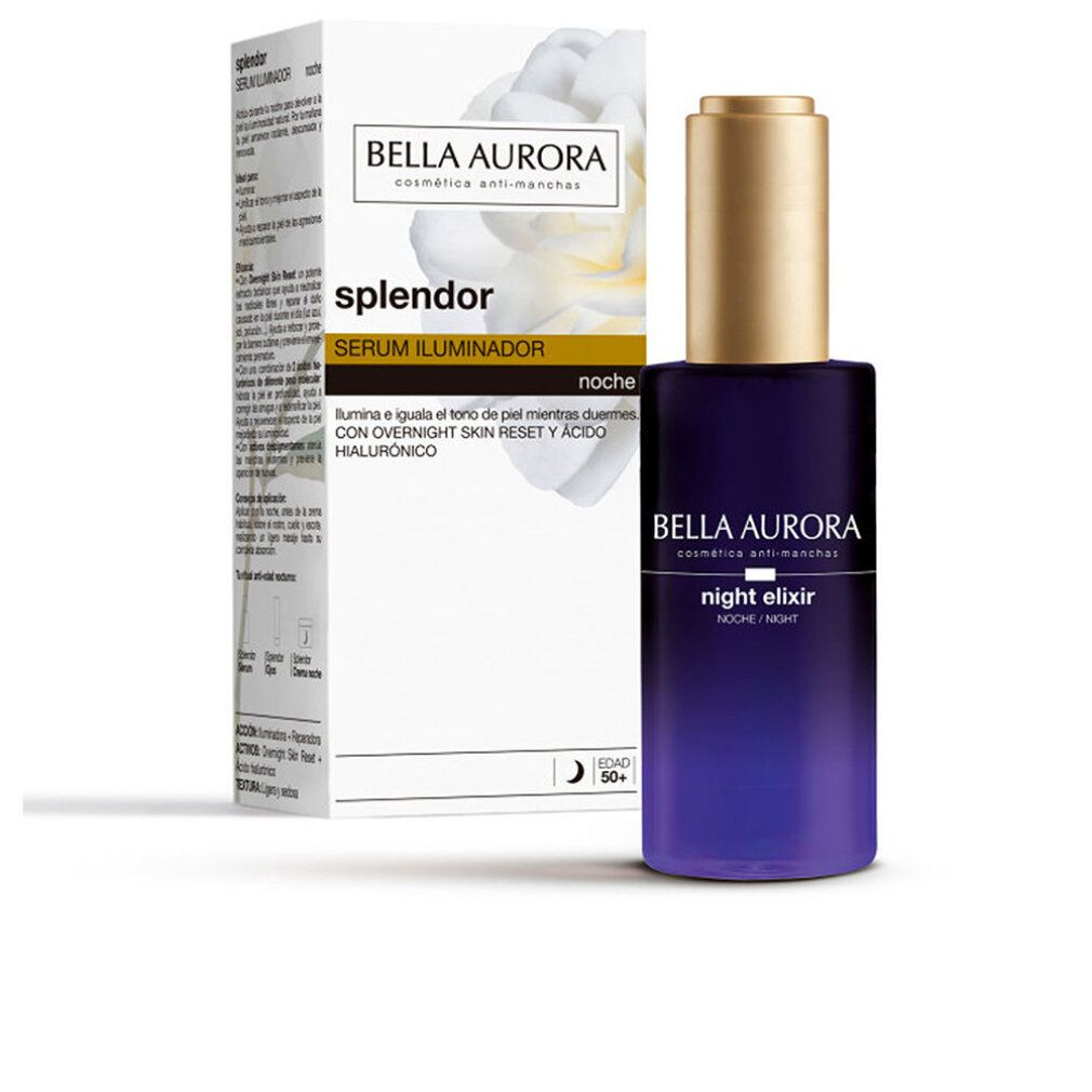 Flacone di siero accanto alla confezione. Scritta: Bella Aurora, splendor, Serum Iluminador Noche. Logo e nome del prodotto.