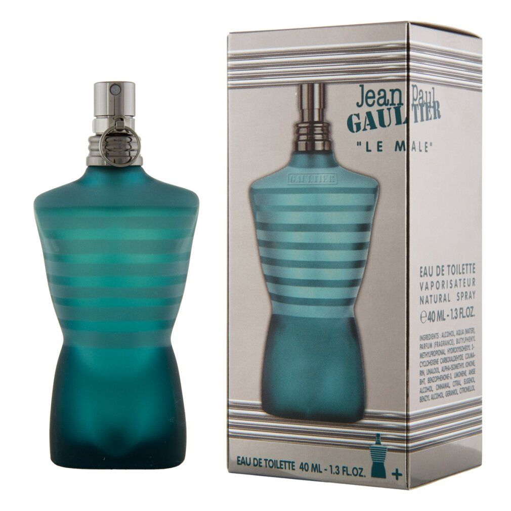 Flacone blu-verde a forma di torso e confezione. Scritta: Jean Paul Gaultier Le Male Eau de Toilette.