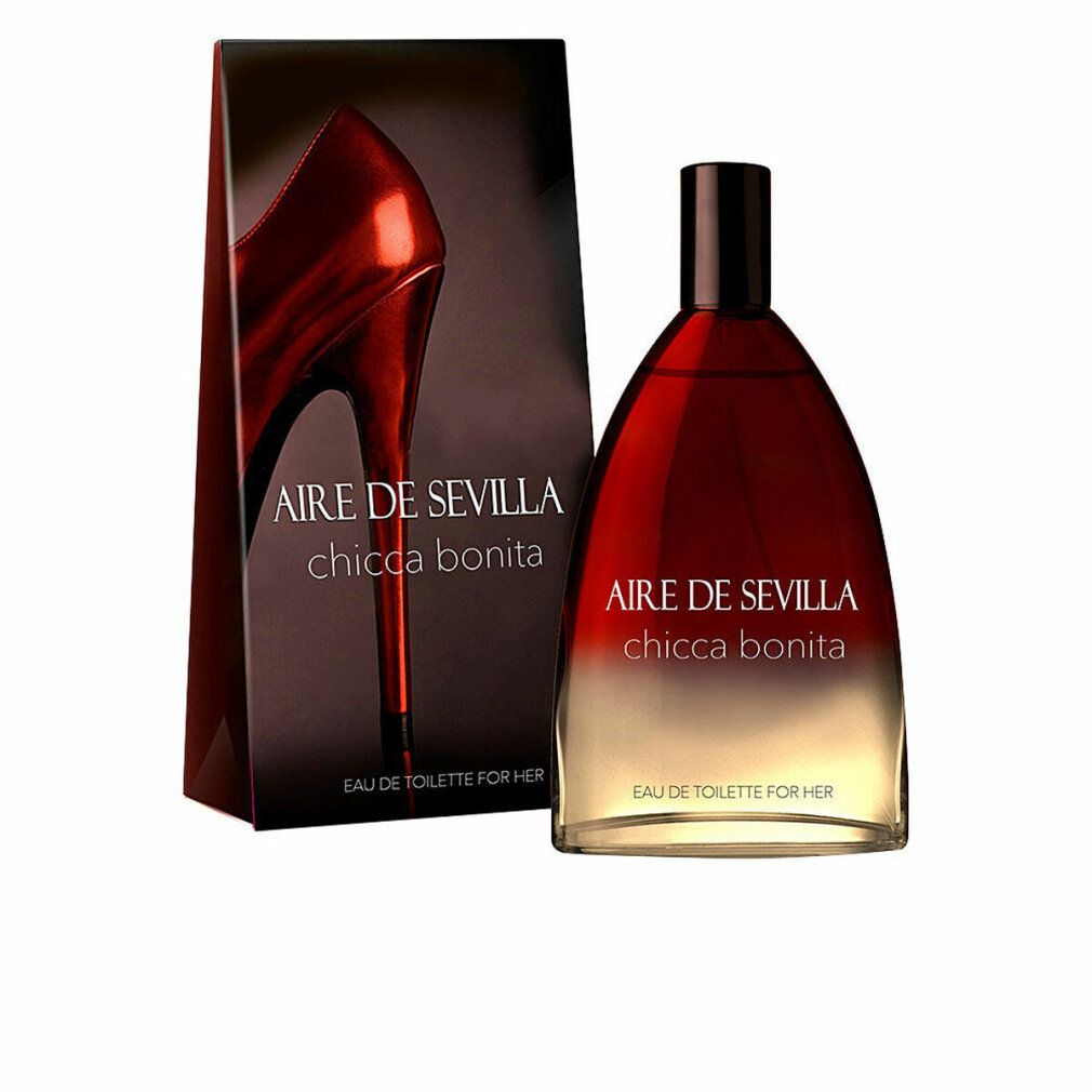 Flacone di profumo e confezione. Flacone rosso-bianco, tappo nero. Confezione con tacco rosso. Testo: Aire de Sevilla Chicca Bonita.