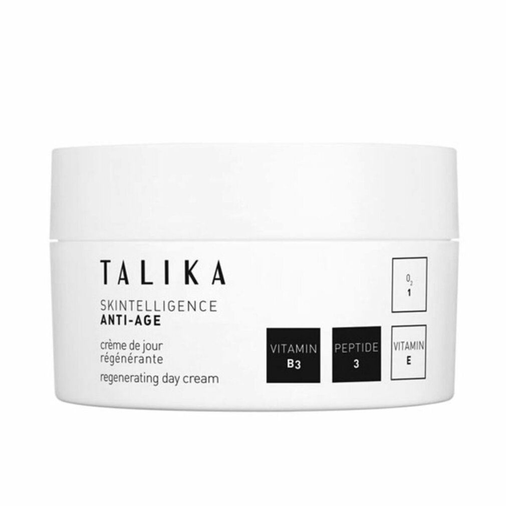 Vaso bianco con scritta nera TALIKA, SKINTELLIGENCE ANTI-AGE. Contiene vitamina B3, Peptide 3 e vitamina E.