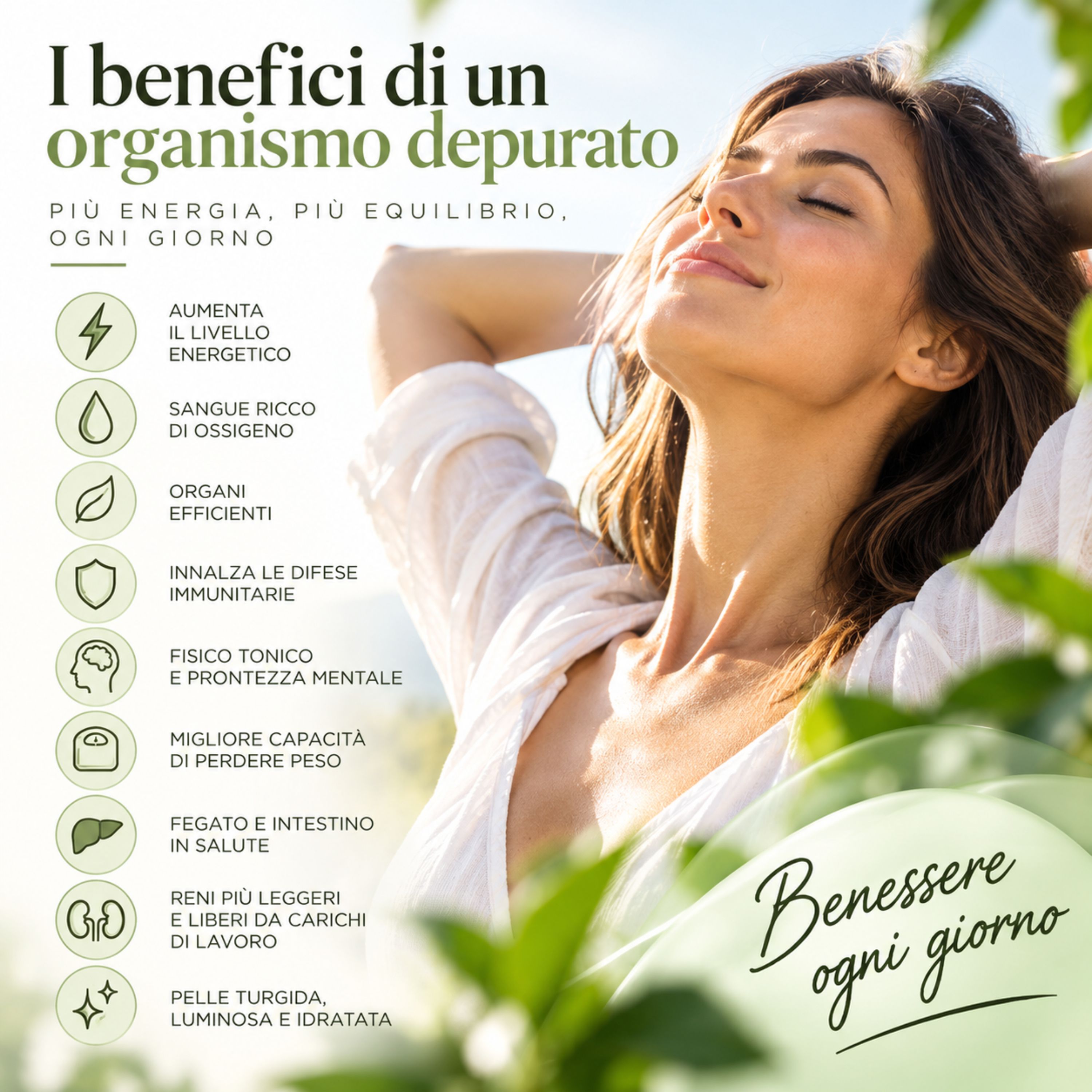 Donna che si gode la natura. Icone mostrano benefici: energia, sistema immunitario, funzione epatica.