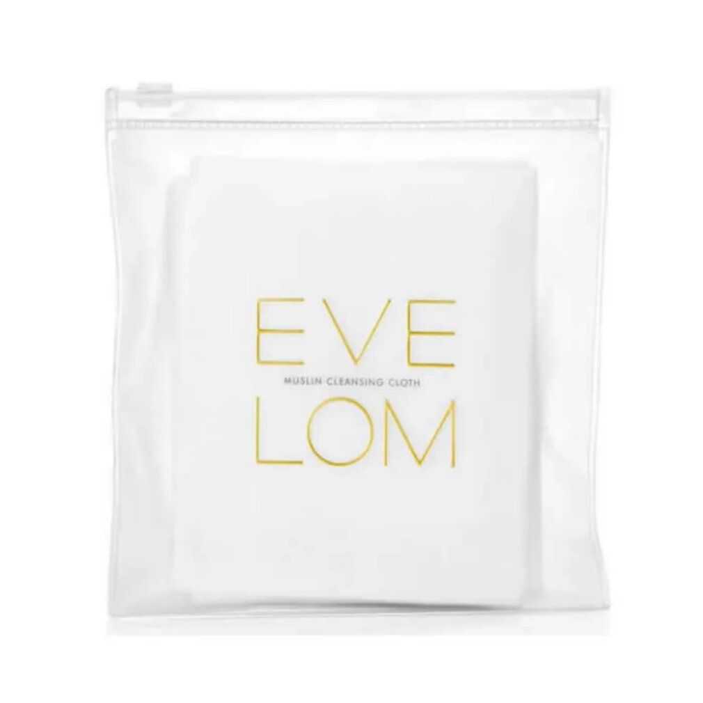 Panno bianco con scritta dorata 'EVE LOM MUSLIN CLEANSING CLOTH' in busta trasparente con zip.