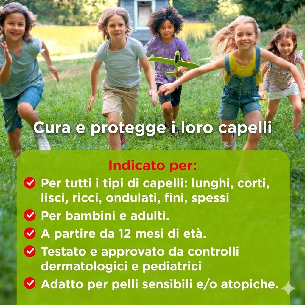 Bambini che corrono in un campo. Testo: Cura e protegge i loro capelli. Indicato per: Tutti i tipi di capelli, bambini e adulti, dai 12 mesi, testato dermatologicamente.