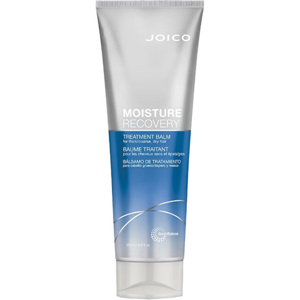 Tubo cilindrico blu e bianco. Testo: JOICO, MOISTURE RECOVERY, TREATMENT BALM. Iscrizioni in inglese, francese e spagnolo.