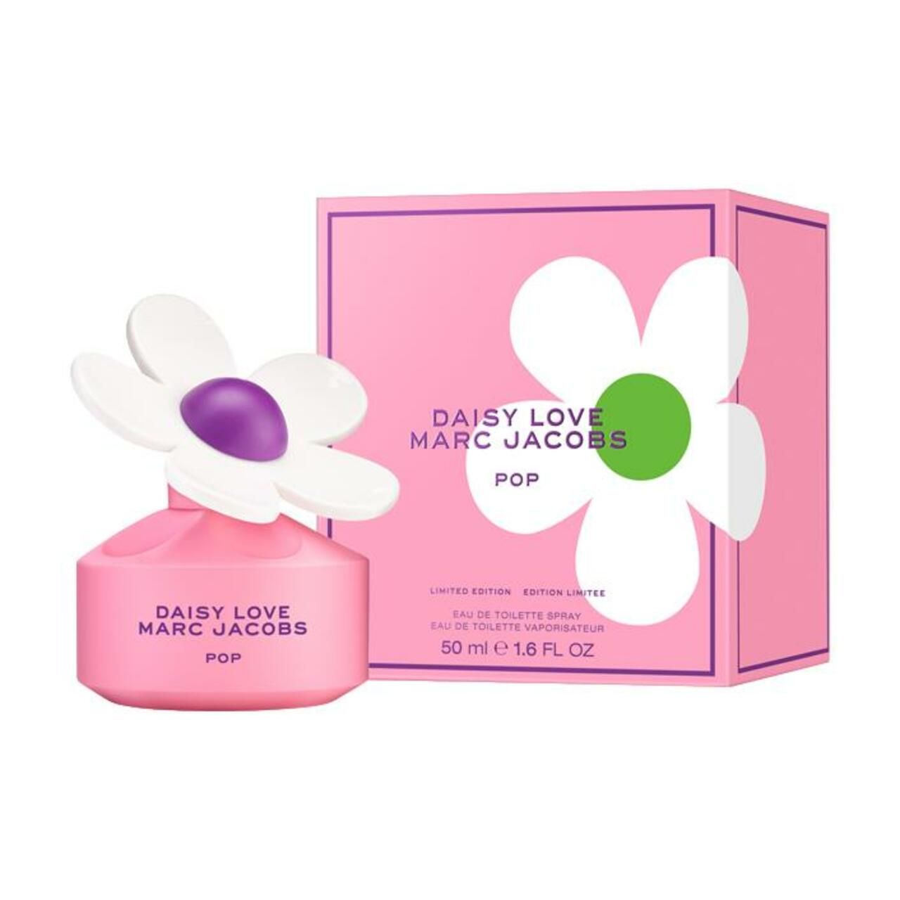 Flacone rosa con fiore accanto a confezione rosa. Scritta: Daisy Love Marc Jacobs Pop.