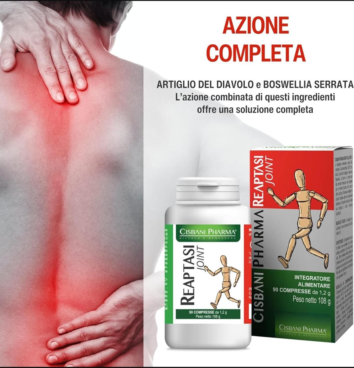 Integratore Cisbani Pharma Reaptasi JOINT. Flacone bianco e scatola. Illustrazione di una schiena con punti di dolore.