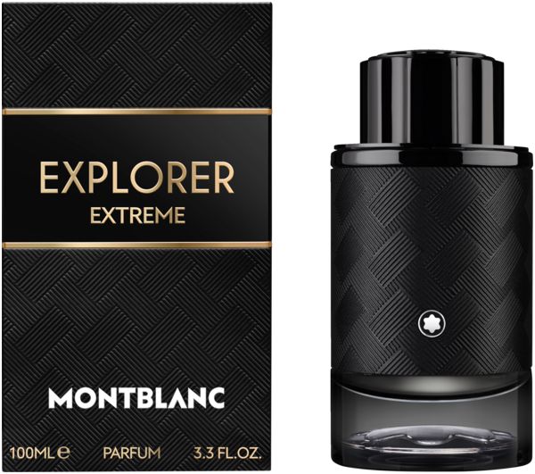 Flacone e confezione neri. Scritta EXPLORER EXTREME e MONTBLANC. Flacone con tappo nero e logo argentato.