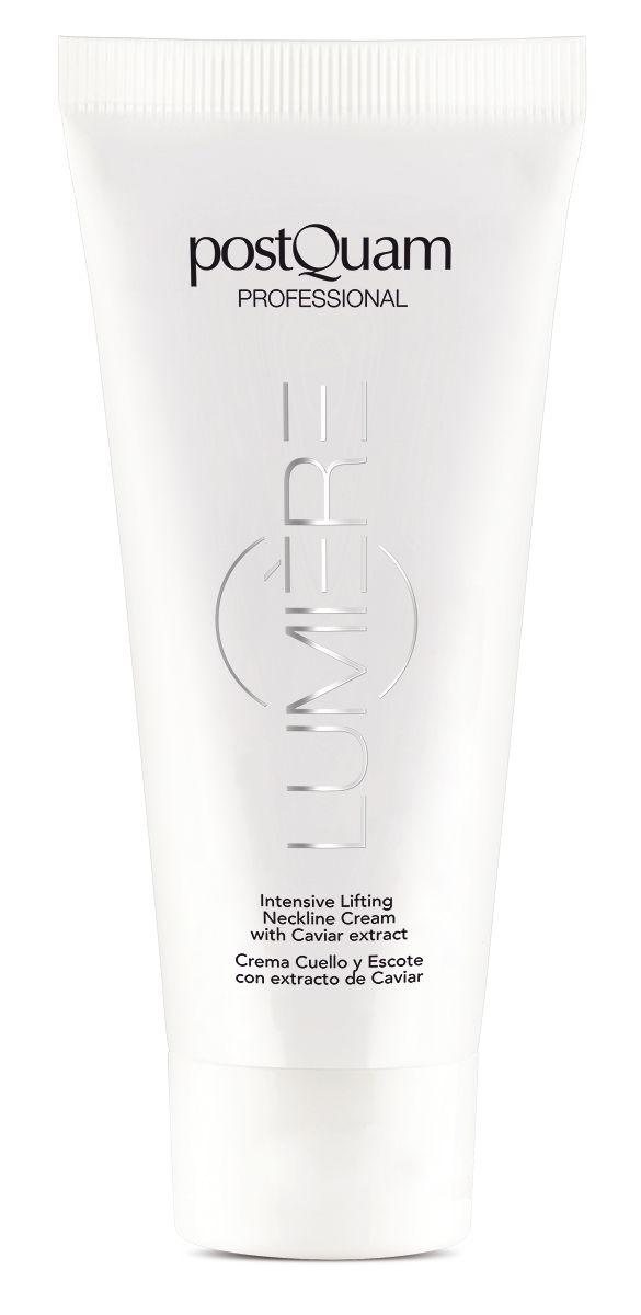 Tubo bianco con testo e logo. Testo: PostQuam Professional, Caviar Lumiere. Intensive Lifting Neckline Cream.