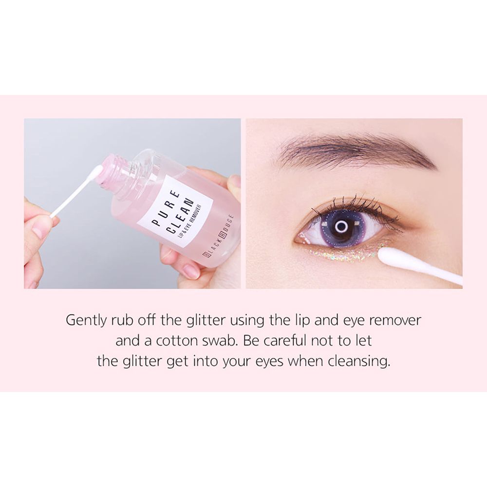 Rimozione dell'ombretto BLACK ROUGE Pearlvely I Glitter. Si usano una bottiglia di detergente e un cotton fioc.