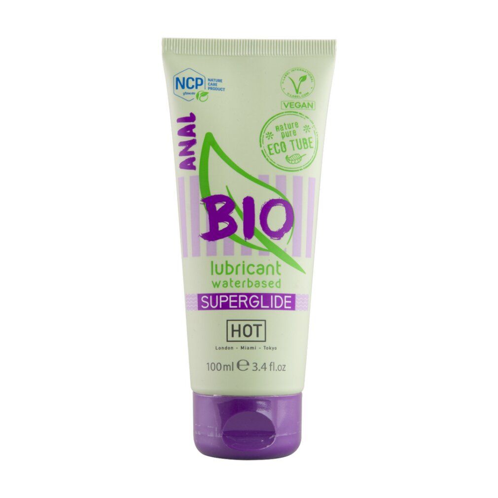 Tubo verde con tappo viola, lubrificante BIO Anal, 100ml.