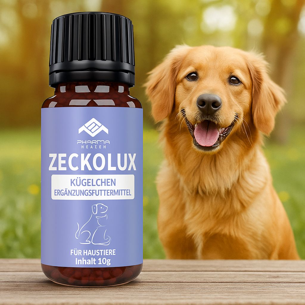 Flacone di vetro marrone con tappo nero accanto a un Golden Retriever. Etichetta "Pharma Health Zeckolux Kügelchen für Haustiere".