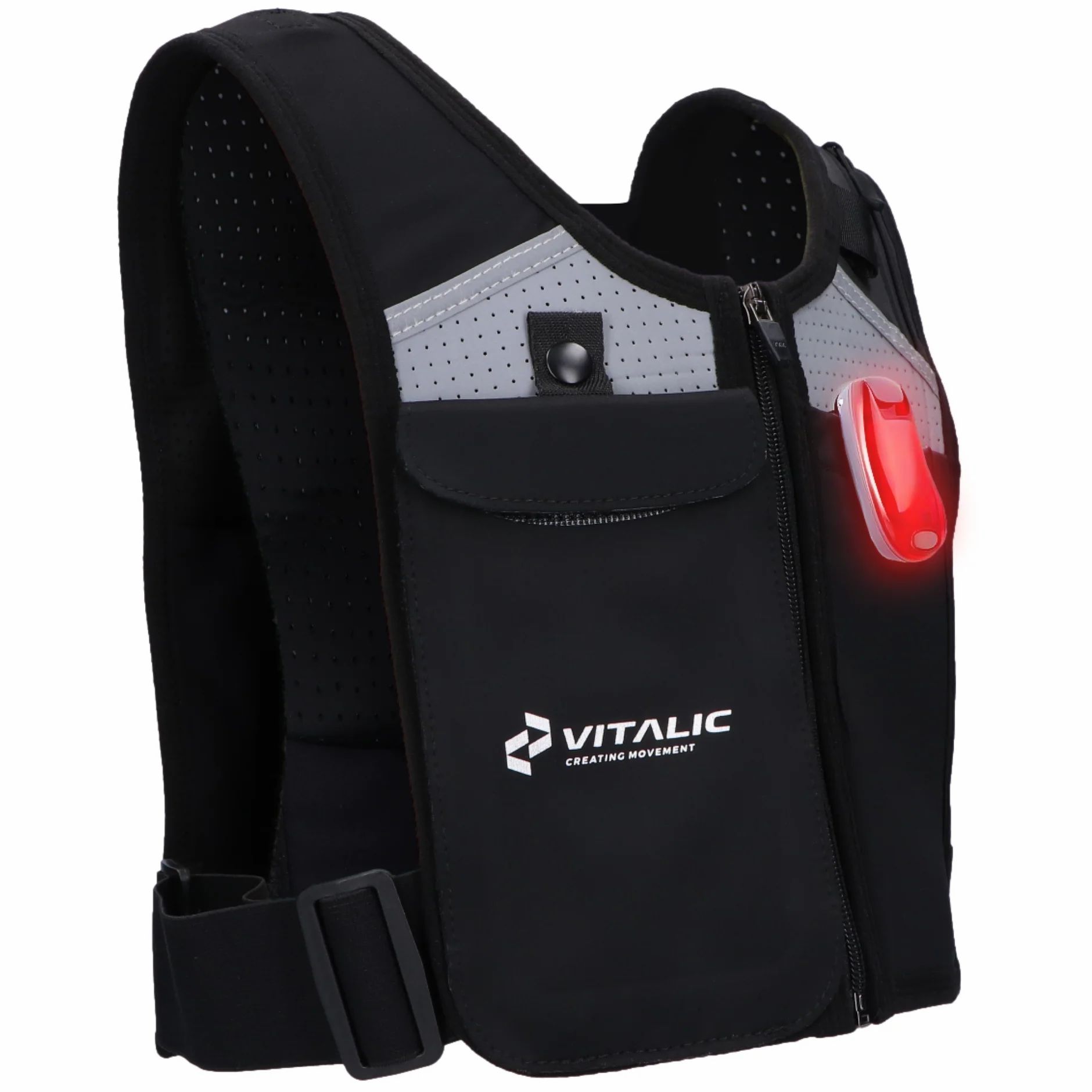 Gilet da corsa nero con luce LED ed elementi riflettenti. Logo VITALIC. Cerniera e tasca.
