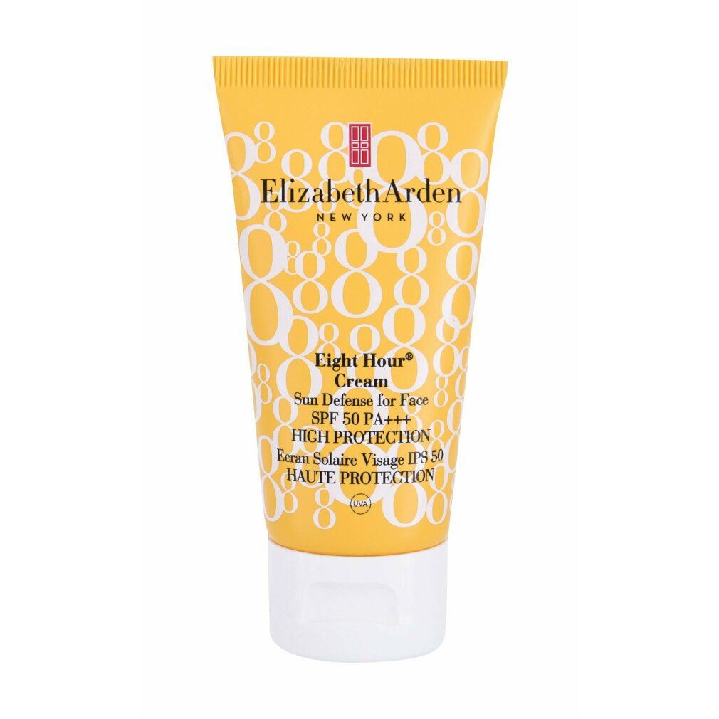 Tubo giallo con tappo bianco. Scritta: Elizabeth Arden, Eight Hour Cream, Sun Defense for Face SPF 50. Alta protezione solare.