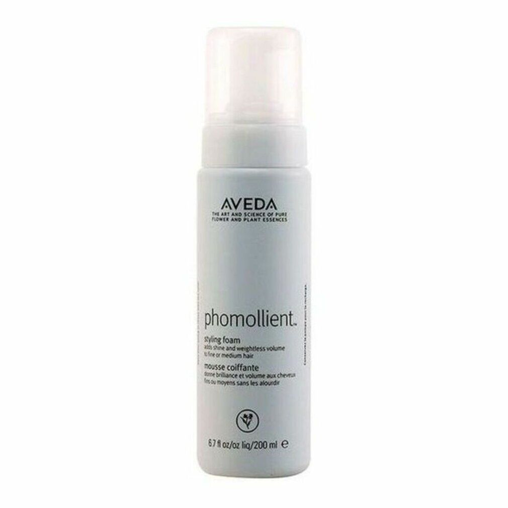 Flacone azzurro Aveda "phomollient". Contiene 200 ml. Logo vegano.