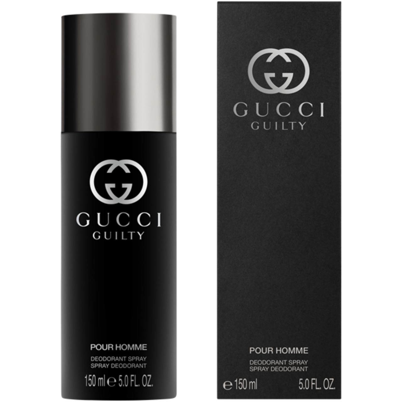 Flacone spray deodorante nero con tappo argentato e confezione nera. Logo e scritta Gucci Guilty. "POUR HOMME" sotto.