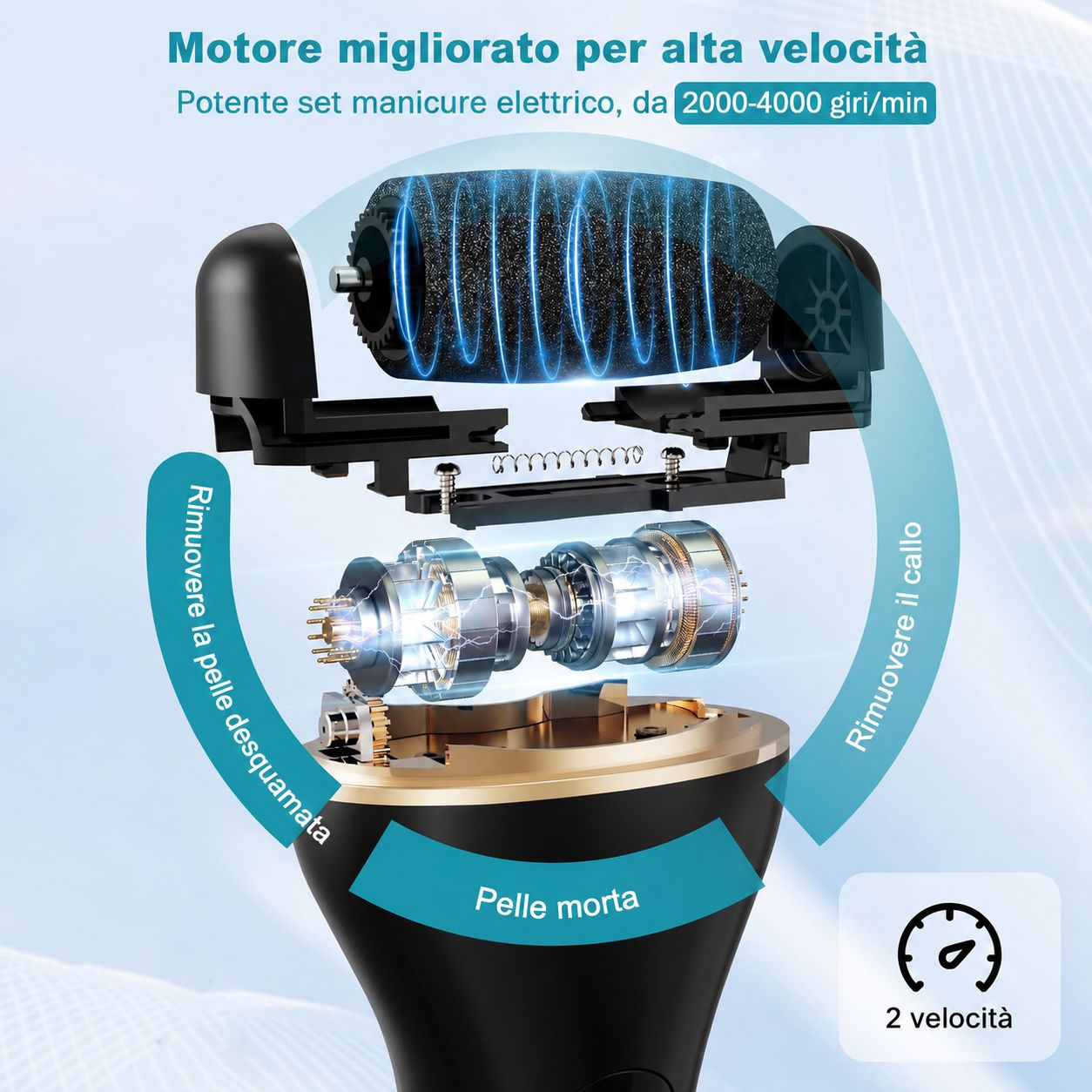 Levacalli elettrico. Corpo nero, dettagli dorati. Due velocità. Scritte: « Dead skin », « Remove peeling skin », « Remove calluses ».