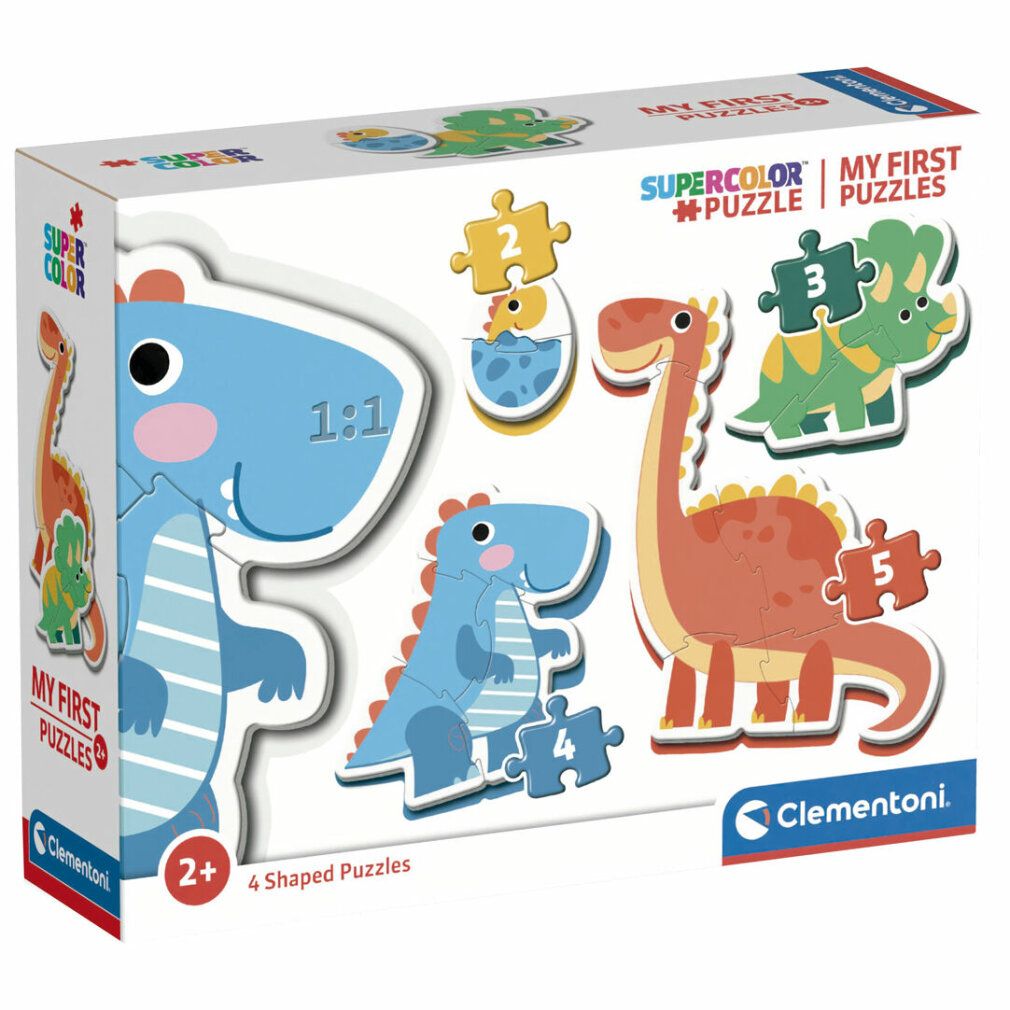 Scatola di puzzle con motivi di dinosauri. Dinosauri e pezzi di puzzle stampati. Scritta: "MY FIRST SUPER COLOR PUZZLES". Marchio: Clementoni.