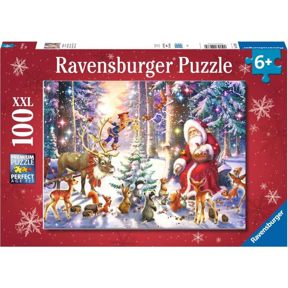 Puzzle Ravensburger, 100 pezzi, puzzle natalizio. Scatola con immagine del puzzle: Babbo Natale, animali in una foresta innevata.